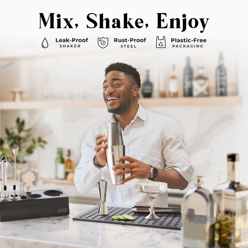 BARE BARREL Mixology Bartender Kit Bar Set | 14-Piece Cocktail Shaker Set | Martini Barware Mixing Tools for Home Bartending | Incl. 35 Recipe Cards | Gift Set (28oz Boston Shaker  Silver/Black) - Image 3